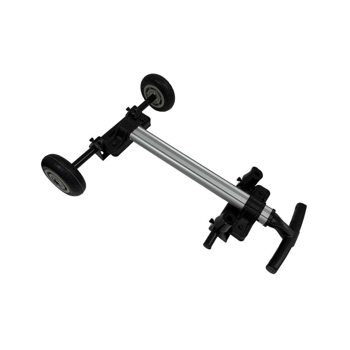 The iTechworld Redback Generator Trolley RB2 / RB3.5 features a metal and plastic frame, three small rubber wheels, a silver central rod, and a black handle—perfect for Redback generators.
