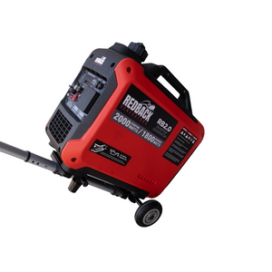 A portable red and black iTechworld Redback Generator Trolley (RB2 / RB3.5) is shown tilted, featuring wheels, a handle, and a visible control panel labeled 2000W/1800W, isolated on a white background.