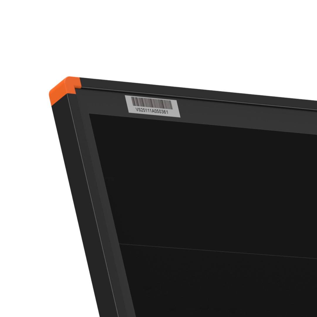 Close-up of the 250W Hard Frame Solar Panel (22V), highlighting its black frame, orange edge detail, and barcode label—design elements inspired by durable hard frame solar panels.