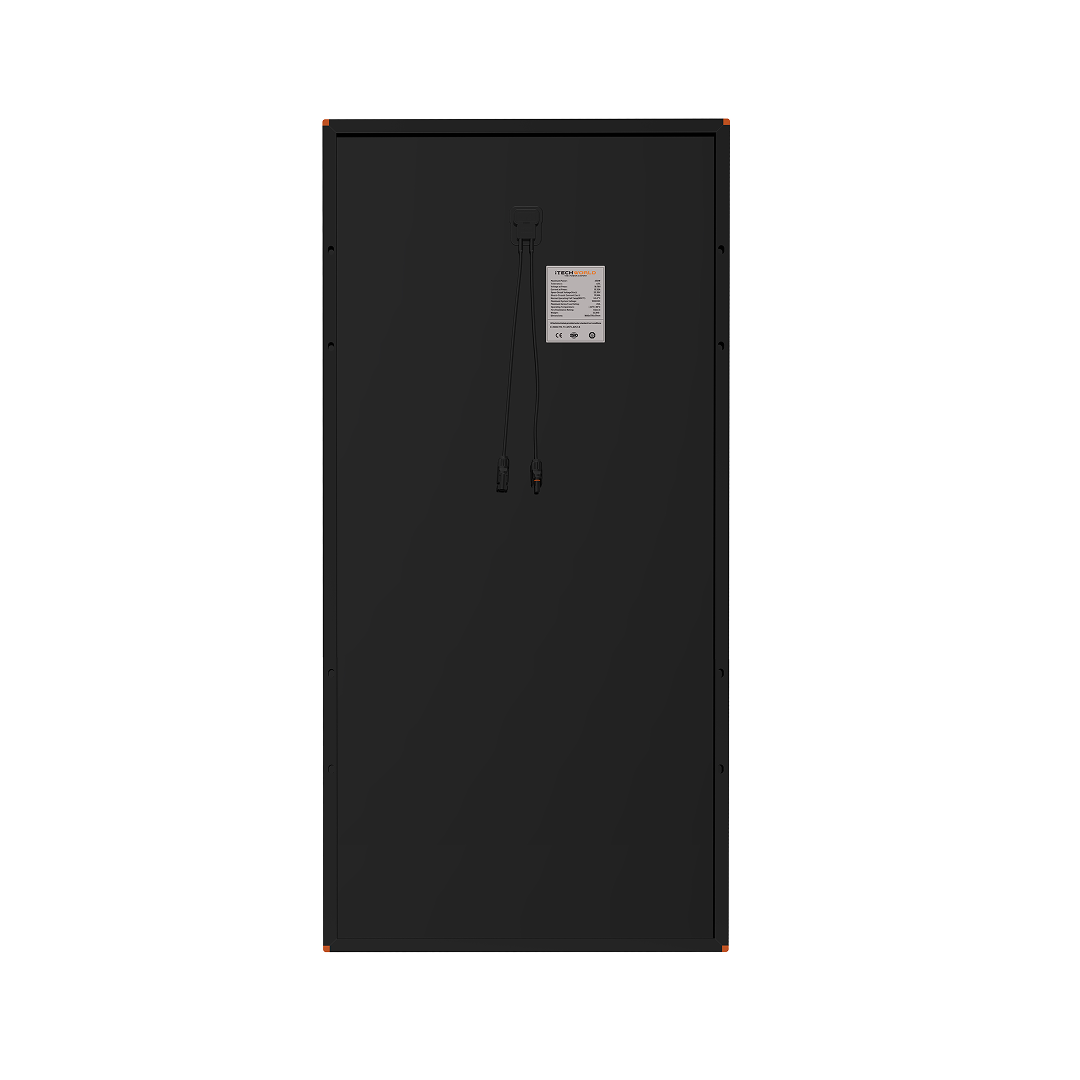 The image shows the back of the 250W Hard Frame Solar Panel (22V) with a black surface, a junction box at the top center, two downward cables, and a specification label featuring HPX PRO Technology.