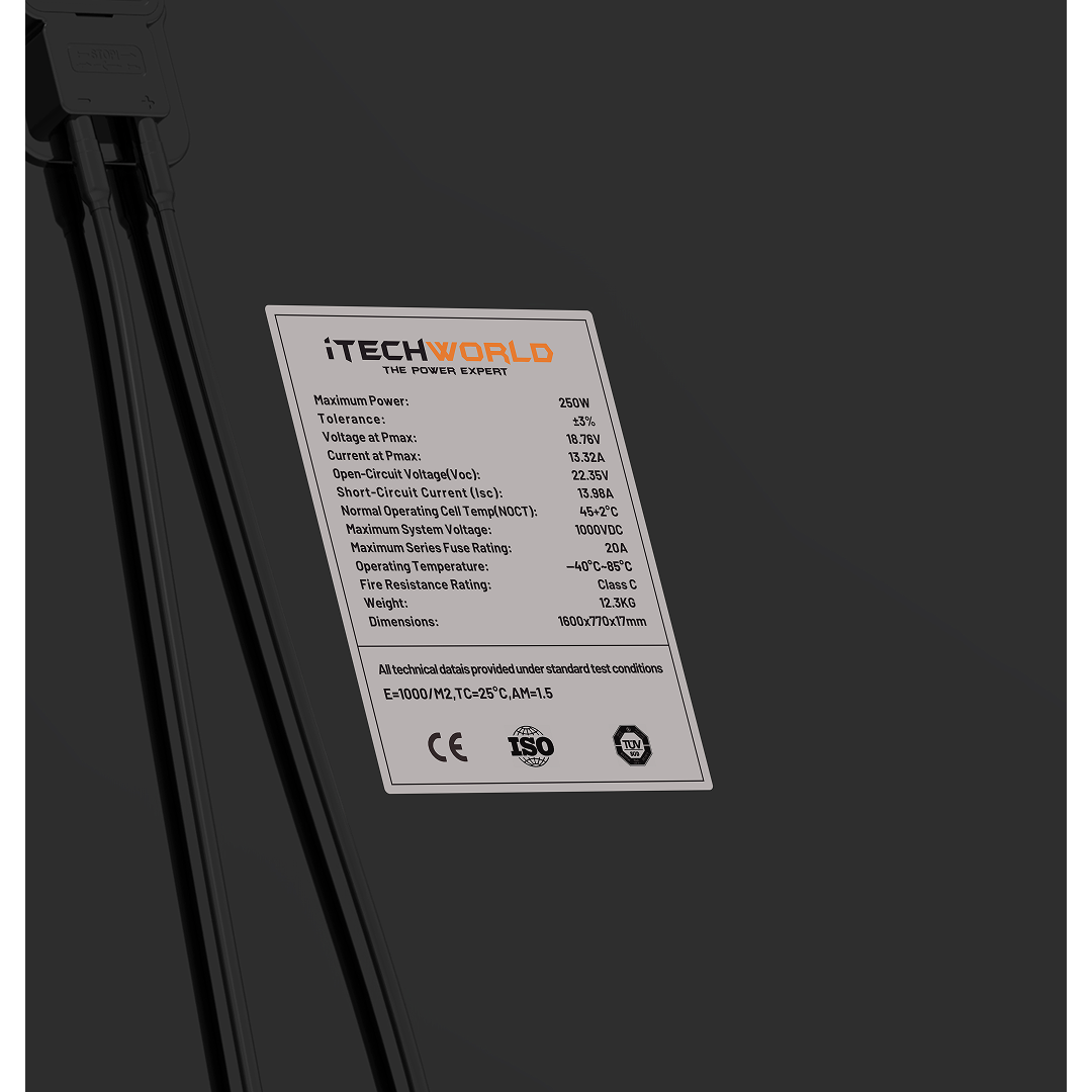 A label on a black electronic device details specifications for the 250W | Hard Frame Solar Panel | 22V, including max power, voltage, current, efficiency, and operating temperature ranges suitable for use with this solar panel.