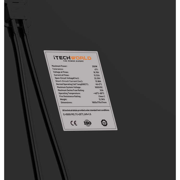 A label on a black electronic device details specifications for the 250W | Hard Frame Solar Panel | 22V, including max power, voltage, current, efficiency, and operating temperature ranges suitable for use with this solar panel.