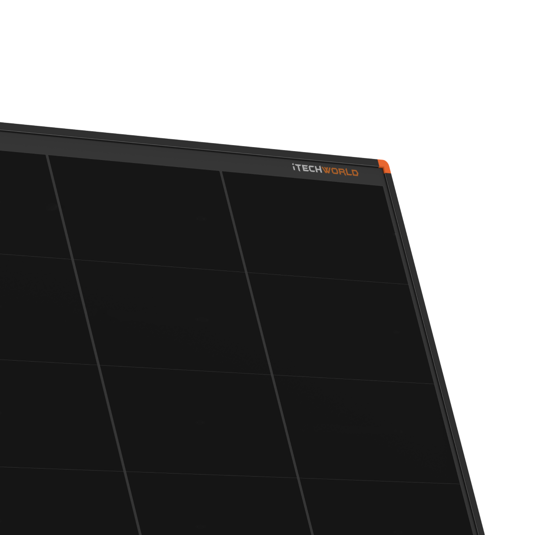 Partial view of a black 250W Hard Frame Solar Panel | 22V with visible grid pattern and ITECHWORLD logo in orange and white on the upper right, shown against a white background.