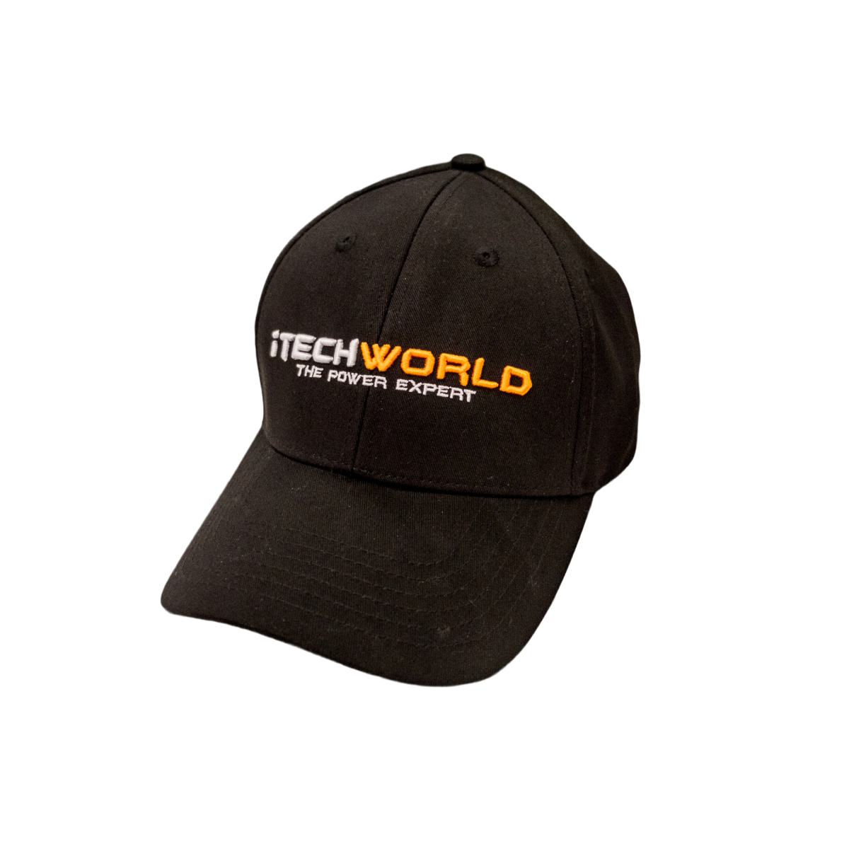 The iTechworld Hat is a black, breathable cotton cap with an adjustable strap, featuring iTECHWORLD THE POWER EXPERT embroidered in white and orange on the front, offering sun protection. Brand: iTechworld.