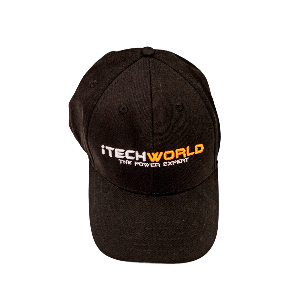 The iTechworld Embroidered Hat is a black cotton cap with an adjustable strap, featuring white and orange iTECHWORLD THE POWER EXPERT embroidery on the front. Ideal for stylish sun protection.