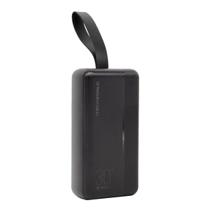 The iTechworld 🎁 iTECH30KPD Power Bank (27,000mAh, PD & QC 3.0) in black with a strap is shown upright on a white background—ideal for your next 100% off BOGO Bundle or Free Gift from BOGOS.io.