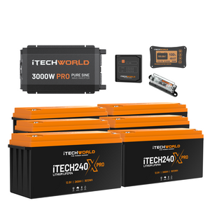 The iTechworld Off Grid System 18.43kWh is a complete 12V power setup with a 3000W Pro inverter, four iTECH240X Pro lithium batteries, display monitor, fuse, and battery management—featuring bold orange and black accents.