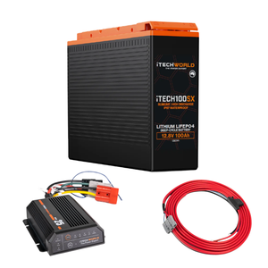 The iTechworld Base Slimline 4WD Dual Battery Kit features a black and orange 12.8V 100Ah lithium battery, paired with a DCDC charger power inverter—ideal for your 4WD power system setup.