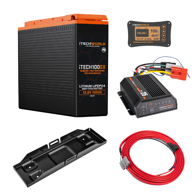 The iTechworld Premium Slimline 4WD Dual Battery Kit (100Ah Lithium) includes a black/orange lithium battery with digital display, black charger, mounting bracket, and red coiled cable—ideal for off-grid energy needs.