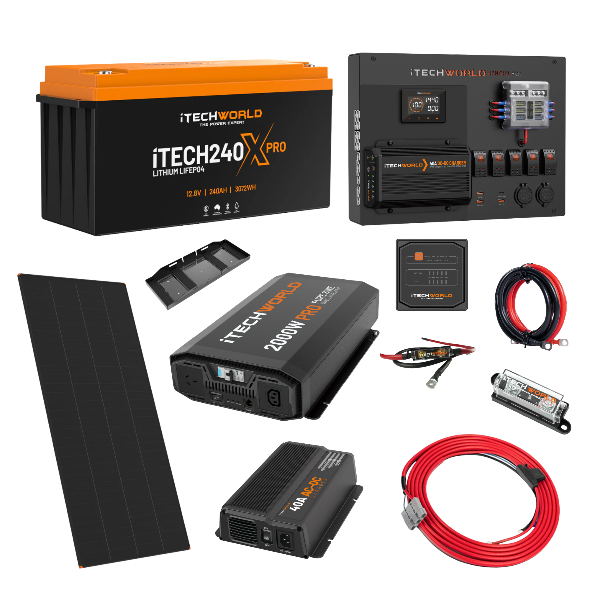 The iTechworld Expansion 4WD Dual Battery Kit (240Ah Lithium) by iTechworld includes a lithium battery, pure sine wave inverter, solar panel, control panel, cables, fuses, and mounting hardware—displayed on a white background.