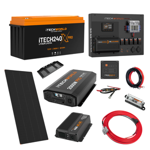 The iTechworld Expansion 4WD Dual Battery Kit (240Ah Lithium) by iTechworld includes a lithium battery, pure sine wave inverter, solar panel, control panel, cables, fuses, and mounting hardware—displayed on a white background.