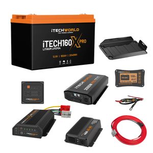 The iTechworld Complete Canopy Dual Battery Kit, featuring a 160Ah lithium battery, pure sine wave inverter, monitor screens, chargers, cables, and connectors from iTechworld, arranged on a white background.