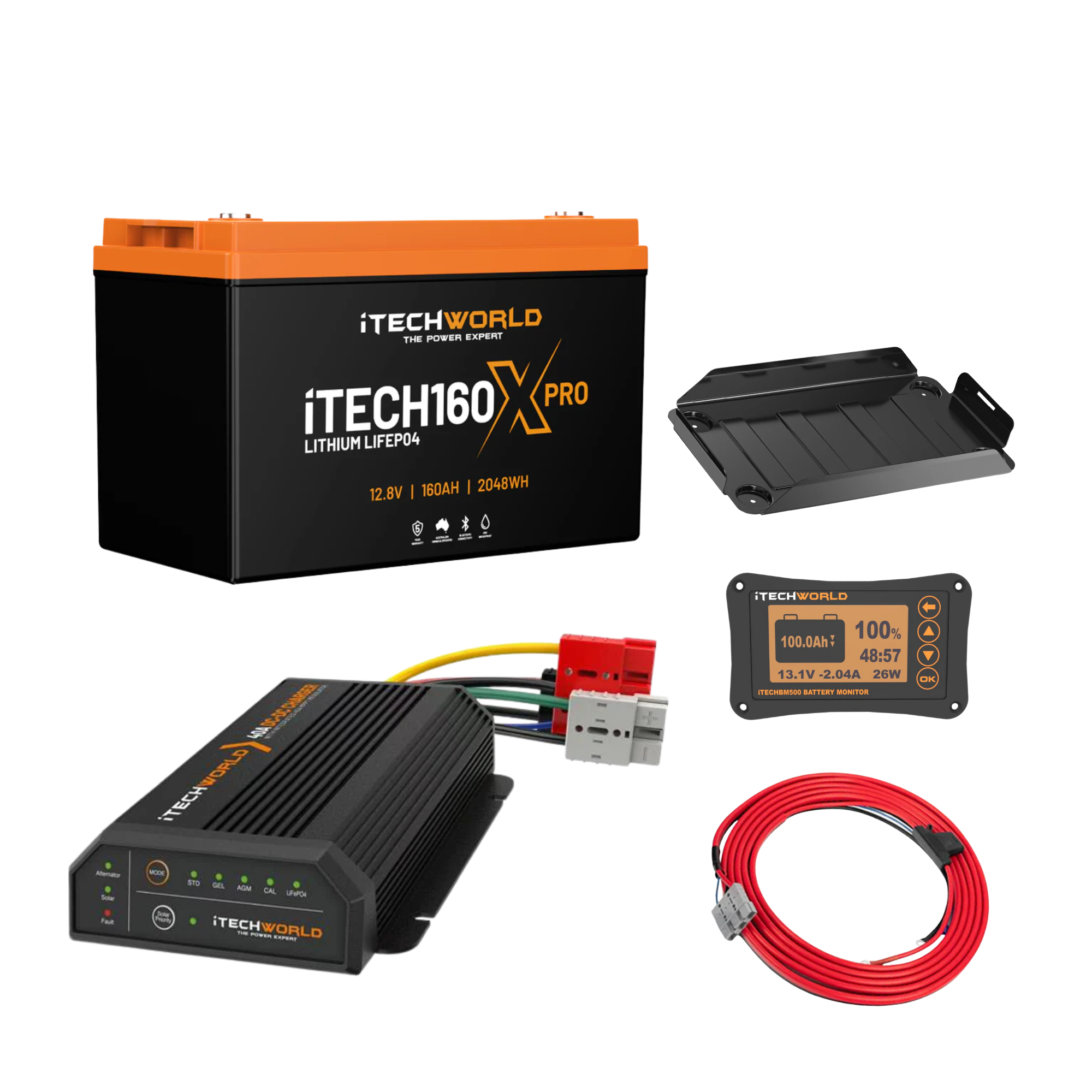 The iTechworld Premium Canopy Dual Battery Kit features a 160Ah Lithium battery, black charger, digital display meter, red power cable, and mounting bracket—ideal for reliable portable power.