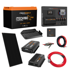 The iTechworld Expansion Canopy Dual Battery Kit (160Ah Lithium) includes LiFePO₄ batteries, solar panel, power control unit, inverter, charger, cables, leads, and mounting brackets—all by iTechworld.