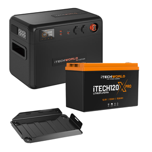 The iTechworld Base Portable Dual Battery Kit 120Ah Lithium, featuring a black power station, orange and black lithium battery box, and flat black mounting bracket, is displayed on a white background—perfect for off-grid power needs.