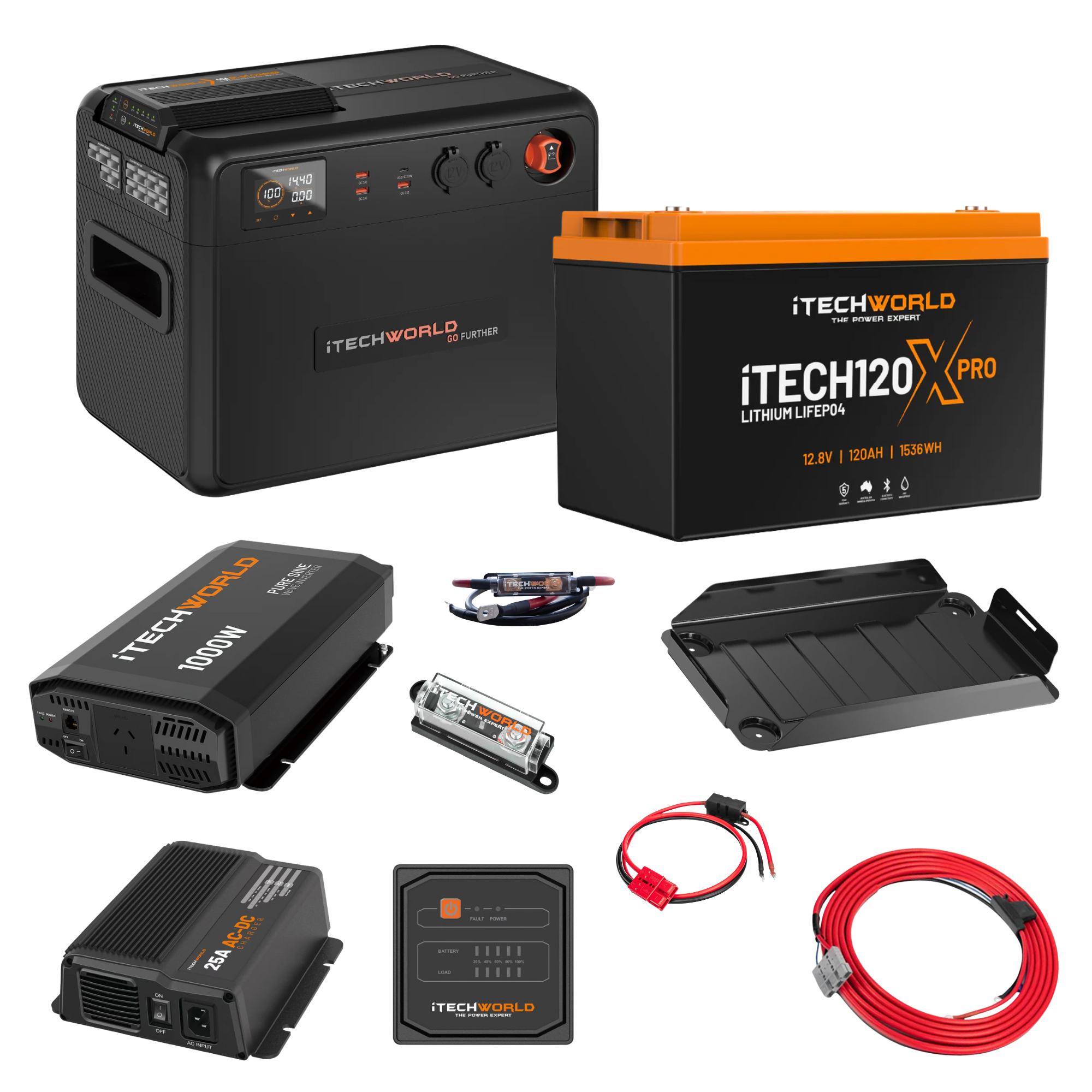 The iTechworld Complete Portable Dual Battery Kit 120Ah Lithium, featuring a battery, pure sine wave inverter, power station, fuse, mounting tray, cables, and control panel from iTechworld, is displayed on a white background.
