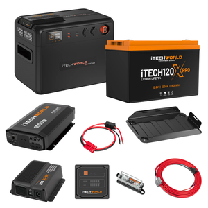 The iTechworld Complete Portable Dual Battery Kit (120Ah Lithium) includes a LiFePO4 battery, pure sine wave inverter, cables, tray, fuse, and digital display—shown on a white background as part of iTechworld’s portable power kit.