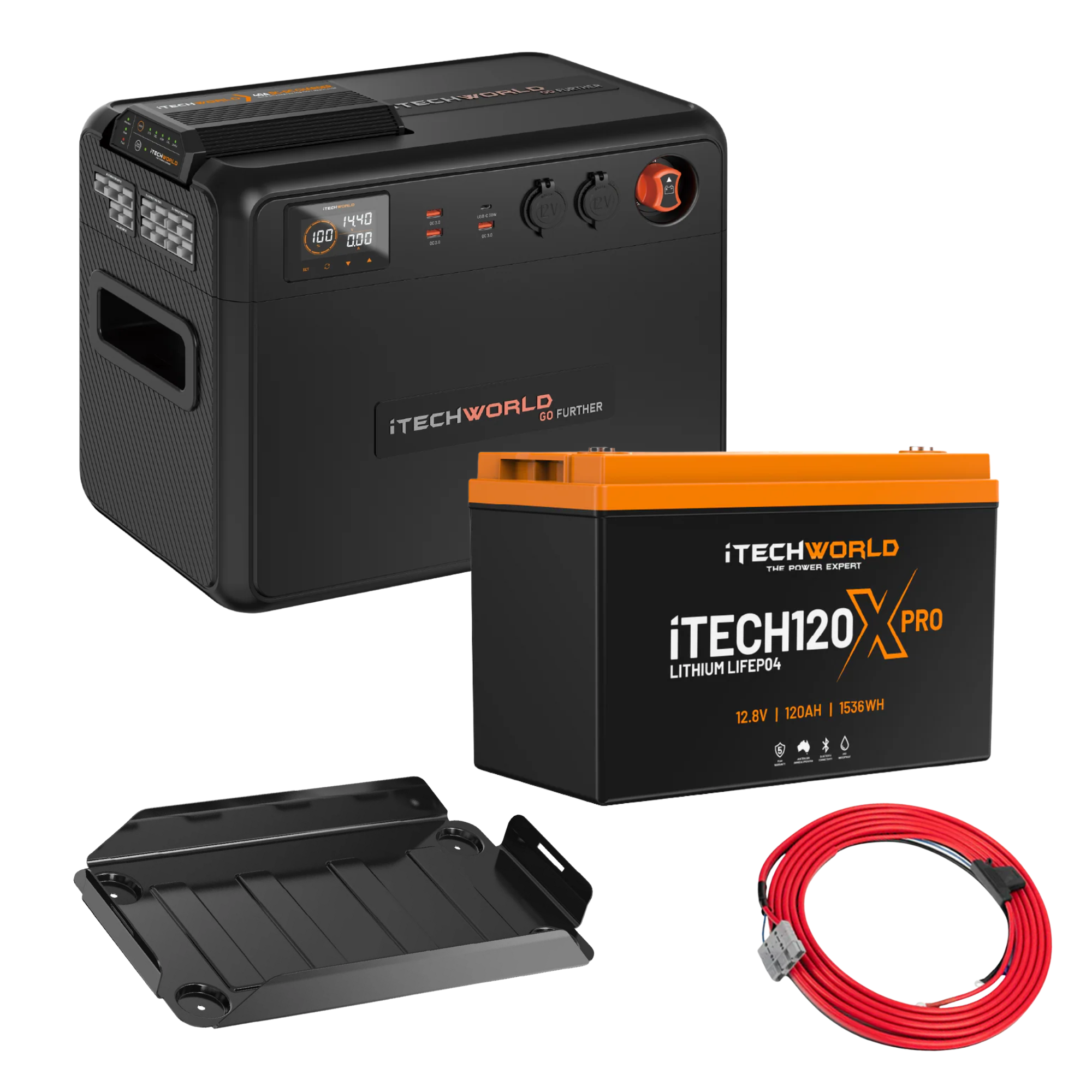 The iTechworld Premium Portable Dual Battery Kit features a 120Ah LiFePO4 battery, metal mounting bracket, and coiled red cable on a white background—perfect for any off-grid power setup.