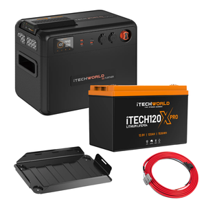 The iTechworld Premium Portable Dual Battery Kit features a 120Ah LiFePO4 battery, metal mounting bracket, and coiled red cable on a white background—perfect for any off-grid power setup.