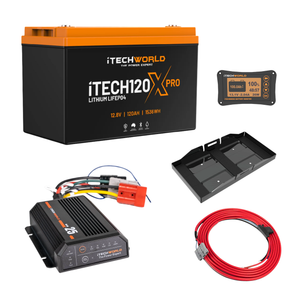 Displayed separately on a white background are a lithium battery, DC-DC MPPT charger, battery monitor, mounting tray, and red wire cable—components of the iTechworld Premium Ute Dual Battery Kit with 120Ah Lithium.