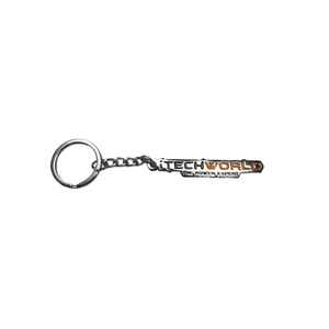 The iTechworld Keyring features a sturdy chain and ring, a polished silver finish, and a CNC-cut iron tag with TECHWORLD Your Power Expert in bold black, white, and orange text.