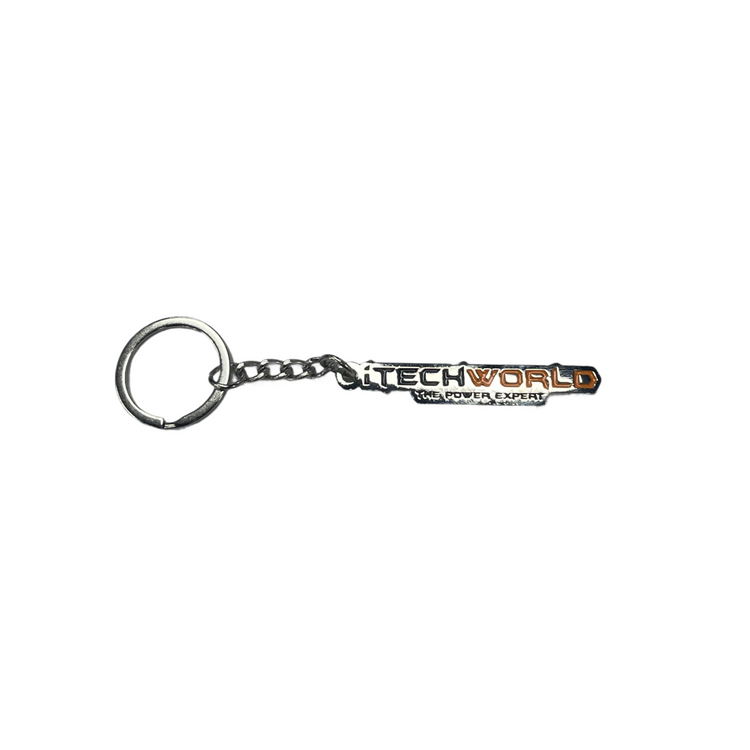 The iTechworld Keyring features a sturdy chain and ring, a polished silver finish, and a CNC-cut iron tag with TECHWORLD Your Power Expert in bold black, white, and orange text.