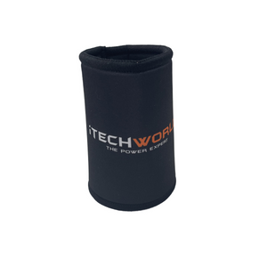The iTechworld Magnetic Stubby Holder (375mL) is a black neoprene can cooler with the iTECHWORLD THE POWER EXPERT logo in white and orange, designed to keep your drinks chilled longer.