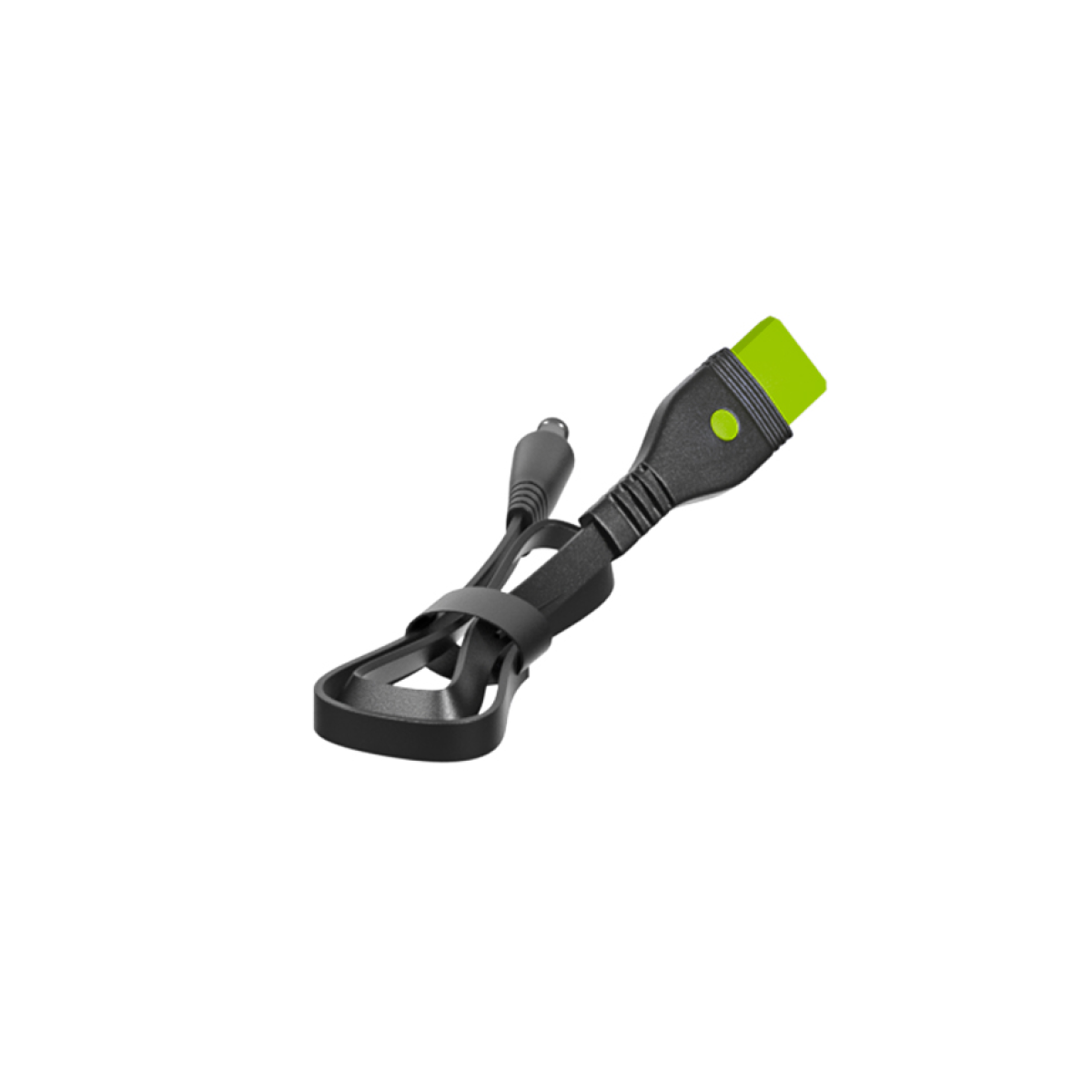 The Medicharge Flex Adapter for ResMed AirSense Mini™ & 11™ is a black electronic cable with a green-tipped connector, built-in clip, and black strap, coiled neatly and shown on a white background.