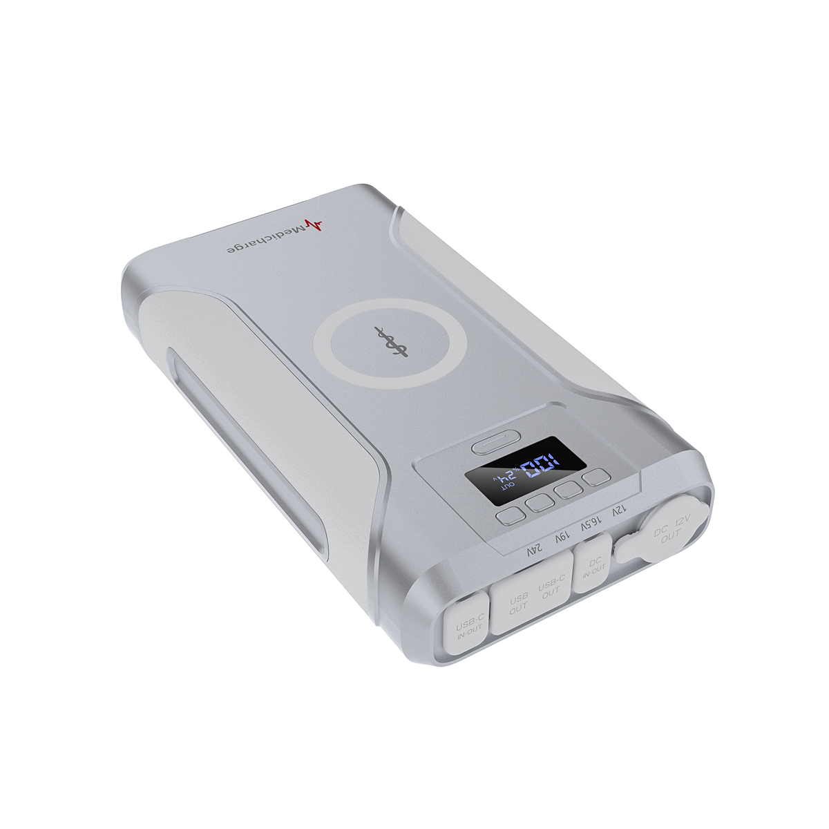 A silver Medicharge Flex | CPAP Battery | 276Wh, featuring an LCD at 61% power, multiple ports and buttons, plus a wireless charging symbol on top. Perfect as a reliable CPAP machine power supply for travel or emergencies.
