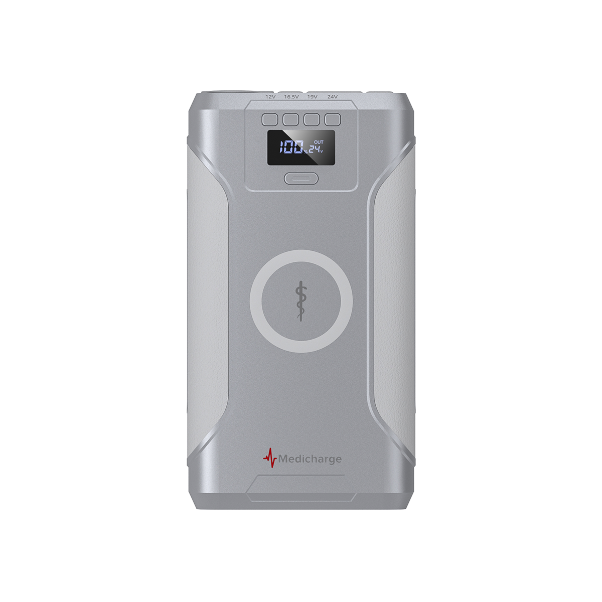 The Medicharge Flex | CPAP Battery | 276Wh is a silver portable battery with a digital display, medical symbol in the center, and Medicharge logo with pulse line at the bottom, shown on a white background.