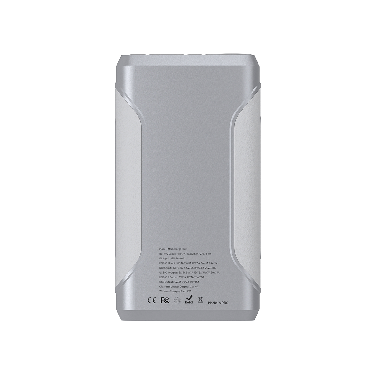 A silver and white, rounded-edge device viewed from the back with product info and certification symbols near the bottom—the Medicharge Flex | CPAP Battery | 276Wh is perfect as a portable CPAP battery or power supply.