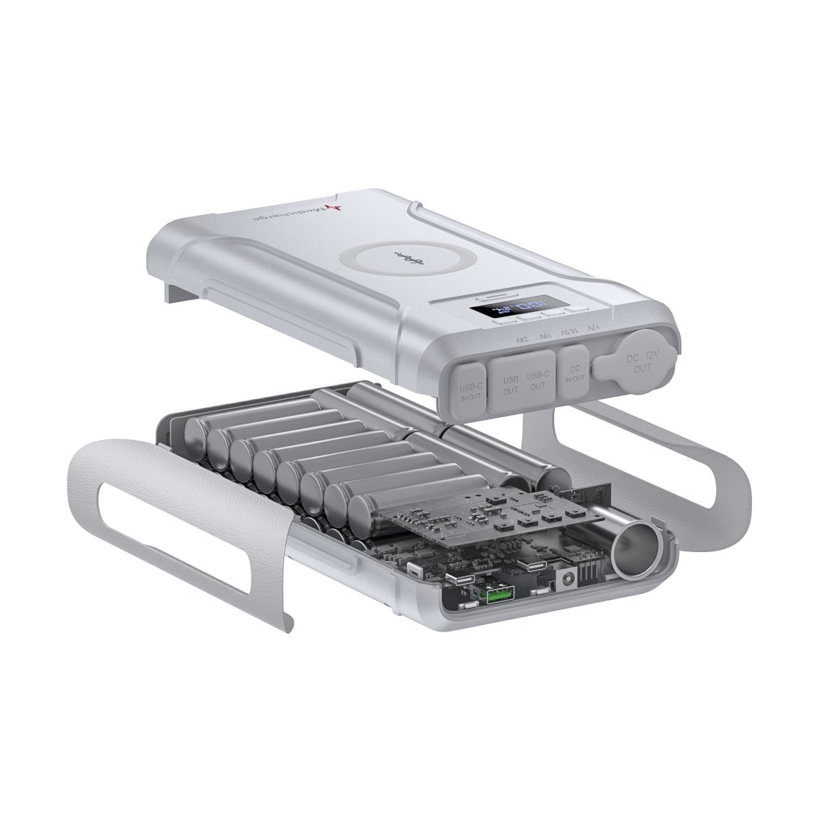 A Medicharge Flex | CPAP Battery | 276Wh portable power bank with a partially open silver casing displays cylindrical batteries, internal components, buttons, a digital display, and multiple ports—perfect as a CPAP machine power supply.