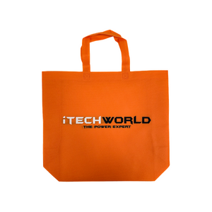 Orange tote bag with 'iTechWorld' logo on a white background