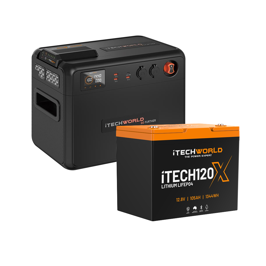The iTechworld Premium GoFurther Battery Box Bundle, featuring the iTECHDCDC25 Charger and iTECH120X Lithium Battery, offers versatile ports and displays—your ultimate 4WD and off-grid power solution.