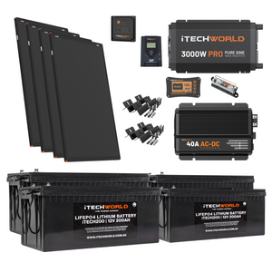 The iTechworld Off Grid System 10.24kWh includes four large solar panels, a pure sine wave inverter, controller, mounting hardware, cables, fuse, and four 12V 200Ah lithium batteries—perfect for any 12V build or lithium caravan kit.