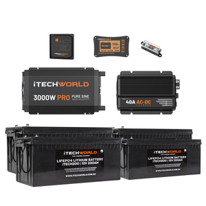 The iTechworld Off Grid System 10.24kWh includes a 3000W pure sine wave inverter, battery monitor, solar charge controller, DC-DC charger, and two large 12V 200Ah lithium batteries—perfect for your next 12V build.