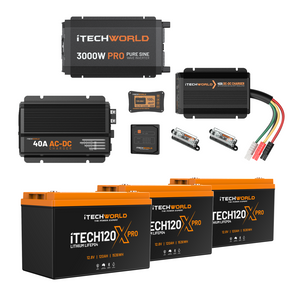 Experience reliable off-grid energy with the Pro | Lithium Caravan Kit | 360Ah—featuring iTECH120X PRO batteries, a 3000W inverter, 40A AC-DC and DC-DC chargers, control units, fuses, and cables for your caravan power needs.