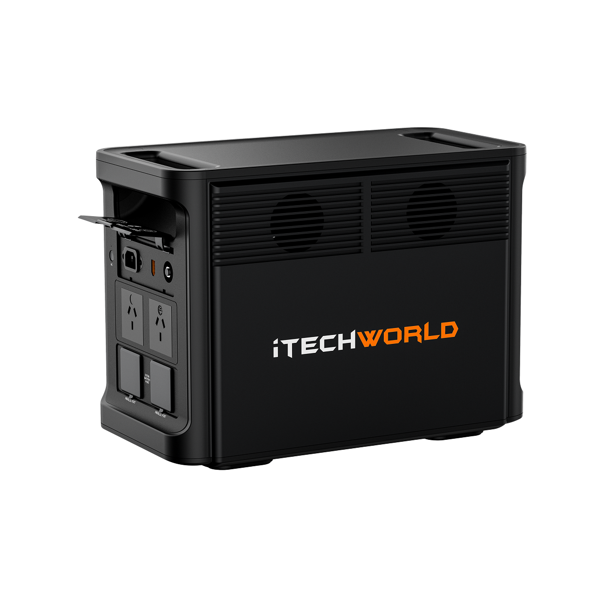 The iTechworld PS1800 PRO Portable Lithium Power Station (120Ah) in black features 1800W pure sine wave output, multiple outlets and ports, a fold-out handle, and white/orange branding on the side, displayed against a white background.
