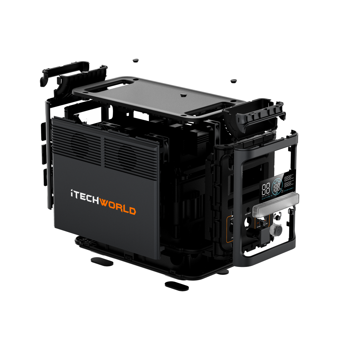 A partially disassembled black iTechworld PS1800 PRO Portable Lithium Power Station (120Ah) with visible internal components, 1800W Pure Sine Wave digital display, ports, and logo, shown on a plain white background.