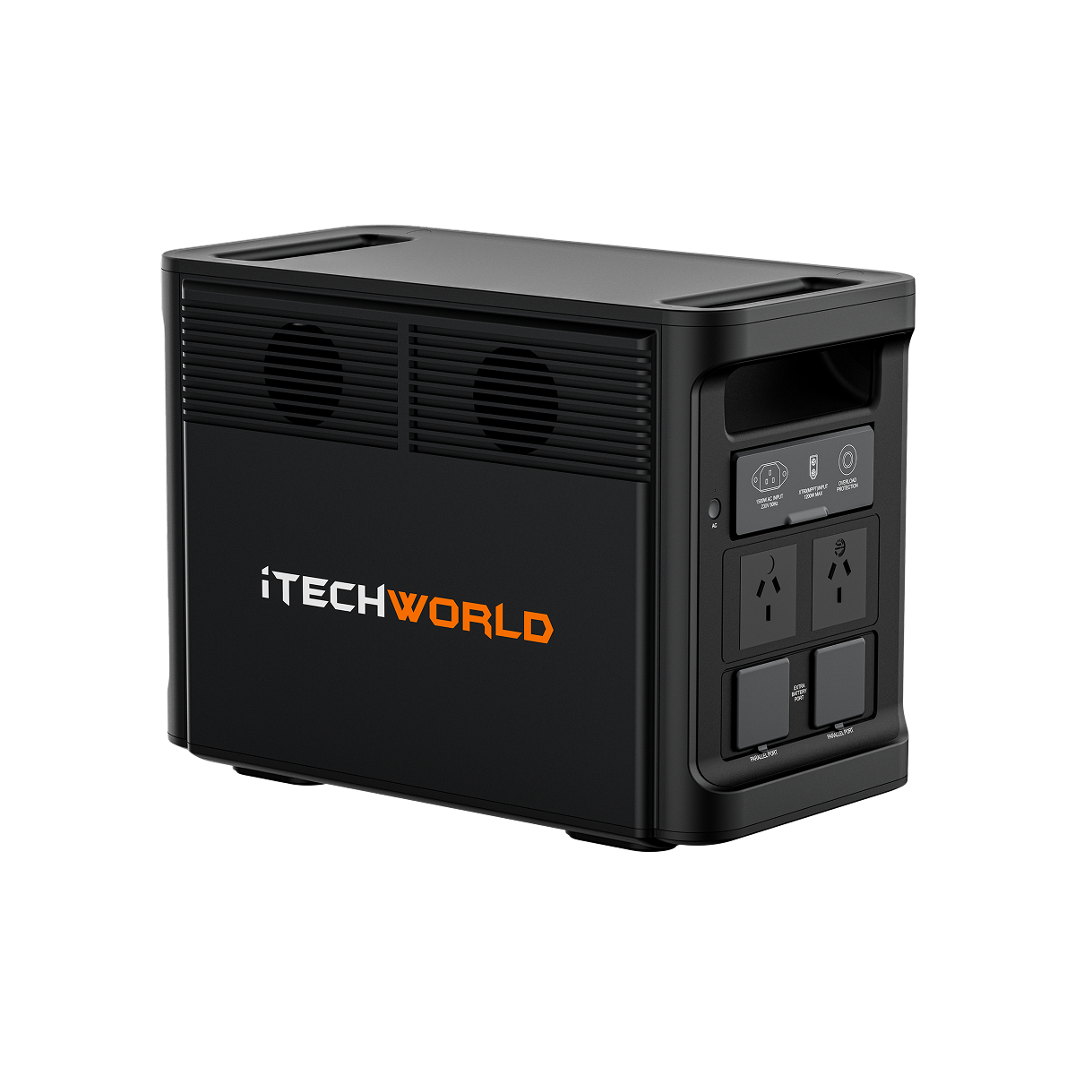 The PS1800 PRO by iTechworld is a black portable lithium power station with 120Ah LiFePO4 battery, USB ports, multiple power outlets, and 1800W pure sine wave output; iTechworld appears in white and orange on the side.