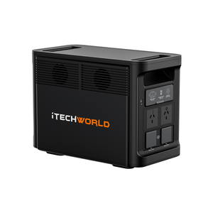 The PS1800 PRO by iTechworld is a black portable lithium power station with 120Ah LiFePO4 battery, USB ports, multiple power outlets, and 1800W pure sine wave output; iTechworld appears in white and orange on the side.
