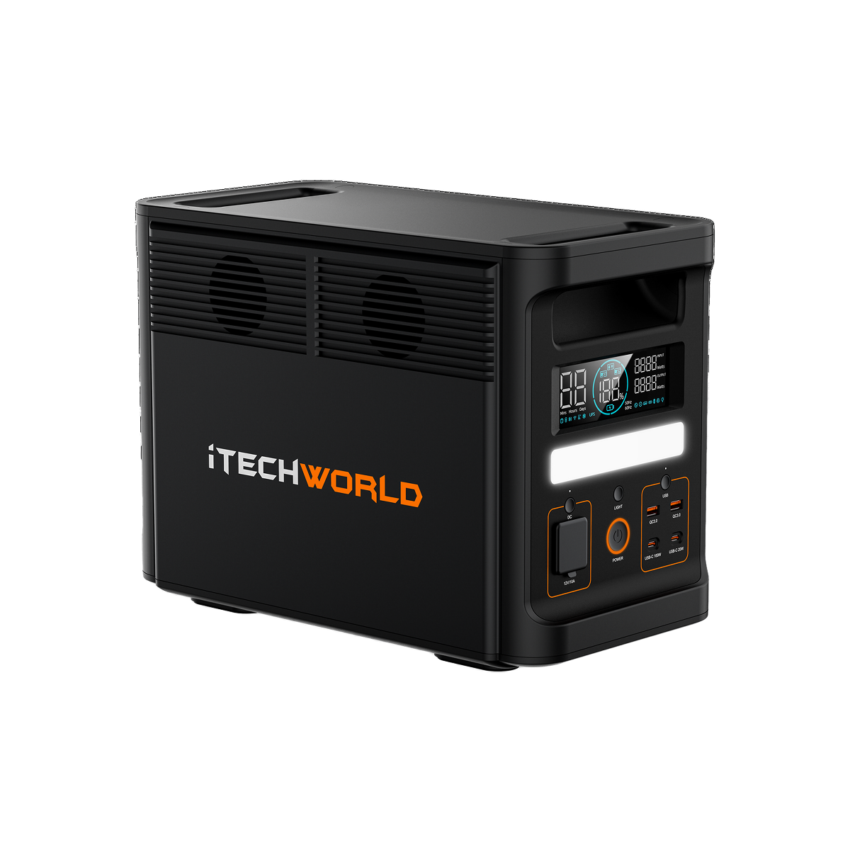 The PS1800 PRO | Portable Lithium Power Station | 120Ah is a black iTechWorld model with a LiFePO4 battery, digital display, control buttons, and multiple charging ports on the front panel.