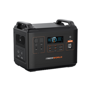 The iTechworld Elite PS2000 Power Station features a digital display, control buttons, various ports, top handles, and 2000W branding. This portable device pairs with a 300W Solar Blanket for easy charging in the Solar Generator Kit.