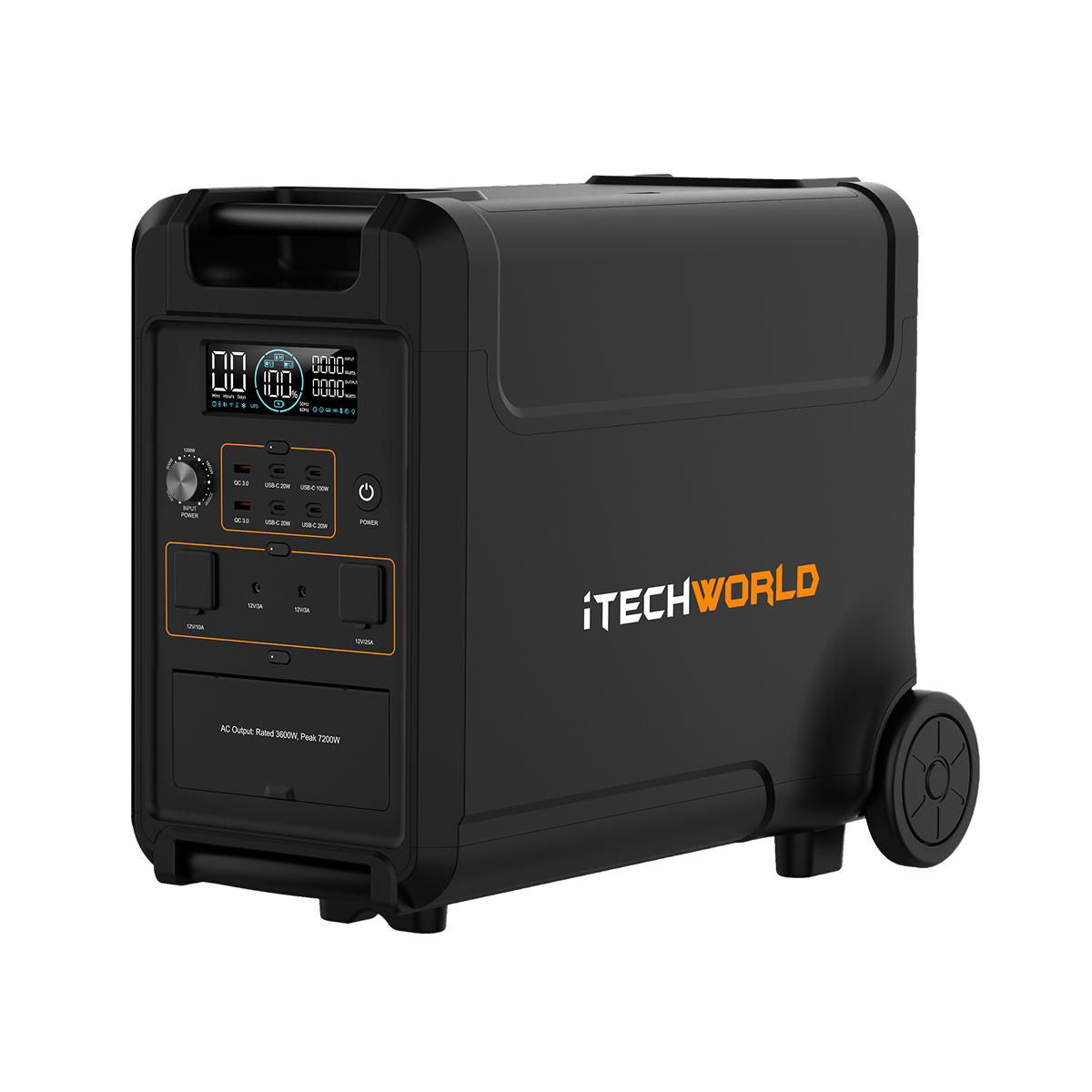 The iTechworld PS3600 PRO is a black portable 3600W 300Ah lithium power station with wheels, handle, multiple outlets, control buttons, and a digital display—perfect for off-grid power needs.
