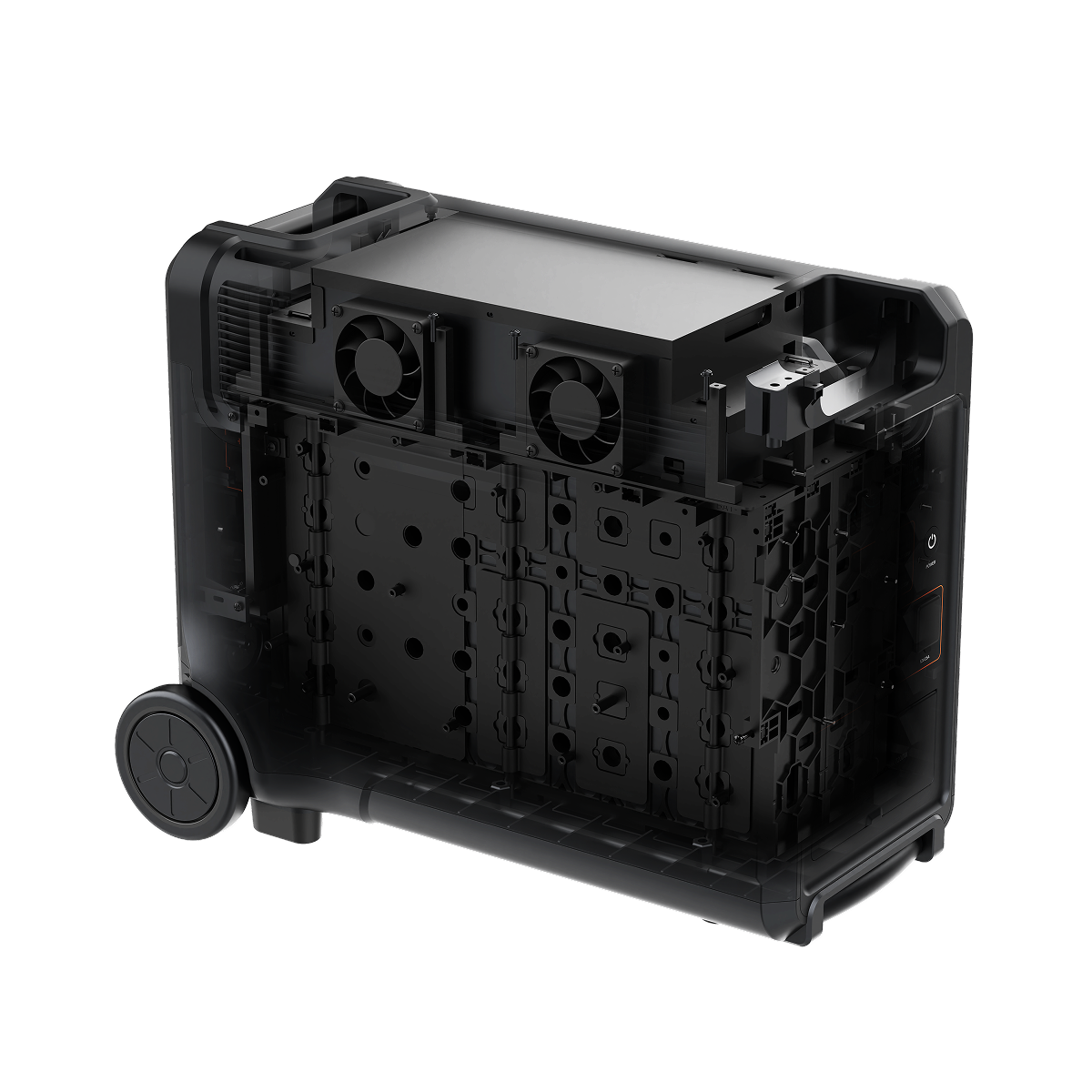 The iTechworld PS3600 PRO Portable Lithium Power Station (3600W 300Ah) is shown at an angle, revealing internal fans, mounting slots, and built-in wheels with a handle—ideal for Off Grid Power setups and easy transport.