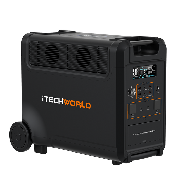 The iTechworld PS3600 PRO Portable Lithium Power Station (3600W, 300Ah) features a LiFePO4 battery, digital control panel, wheels, and handle—a rugged, compact design ideal for off-grid or backup power.