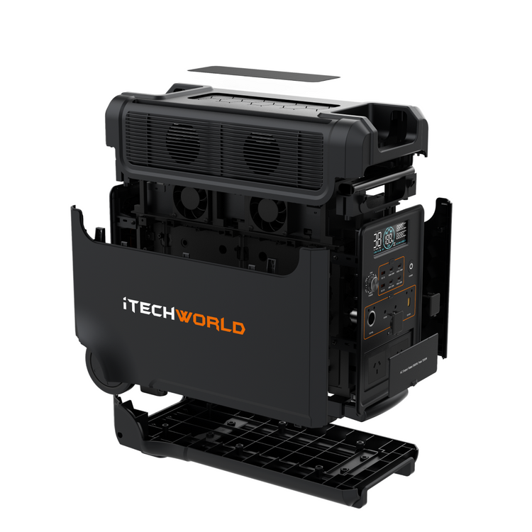 The iTechworld PS3600 PRO is a black portable lithium power station (3600W, 300Ah) with an open front panel showing its display and multiple ports—perfect for reliable off-grid power.