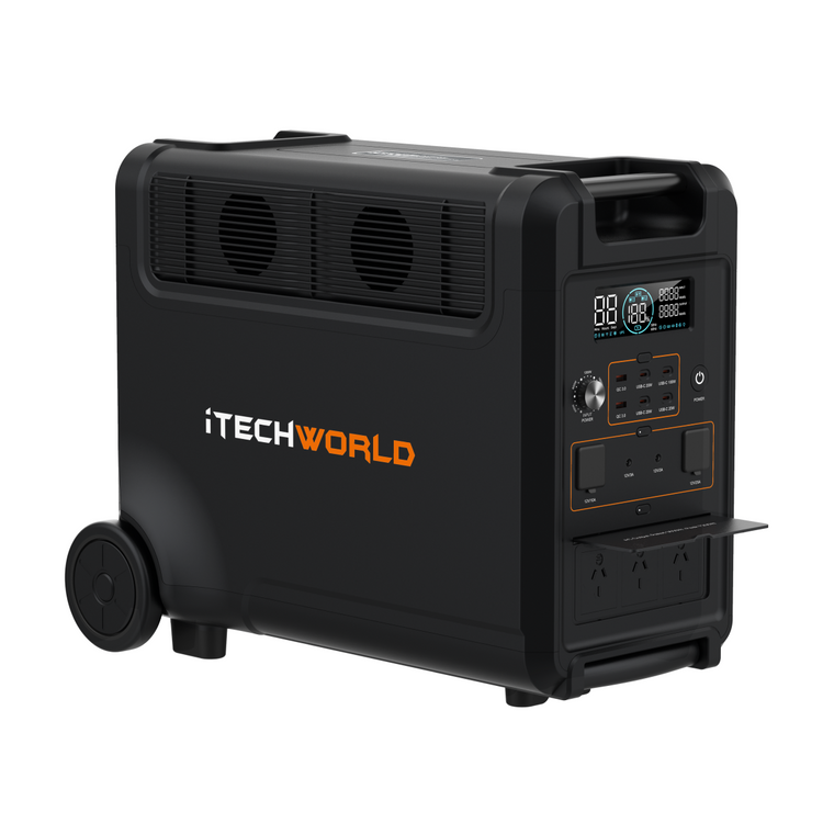 The iTechworld PS3600 PRO Portable Lithium Power Station (3600W, 300Ah) offers a digital display, control buttons, wheels, handle, and multiple power outlets—perfect for reliable off-grid power.