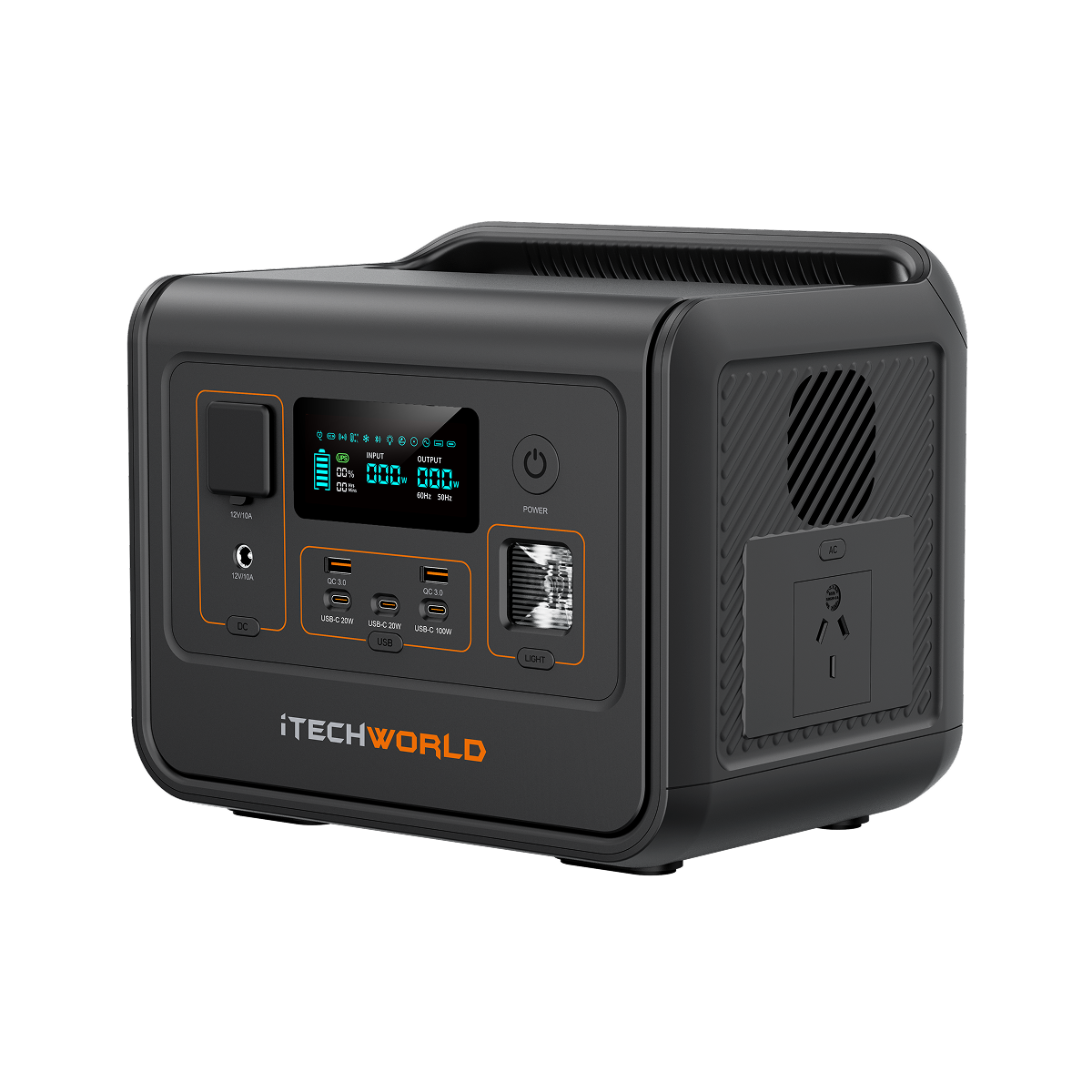 The iTECHWORLD PS800 Portable Lithium Power Station (800W 40Ah) features a digital display, multiple USB ports, an AC outlet, and orange branding on its black body with orange accents, making it an ideal outdoor power supply.