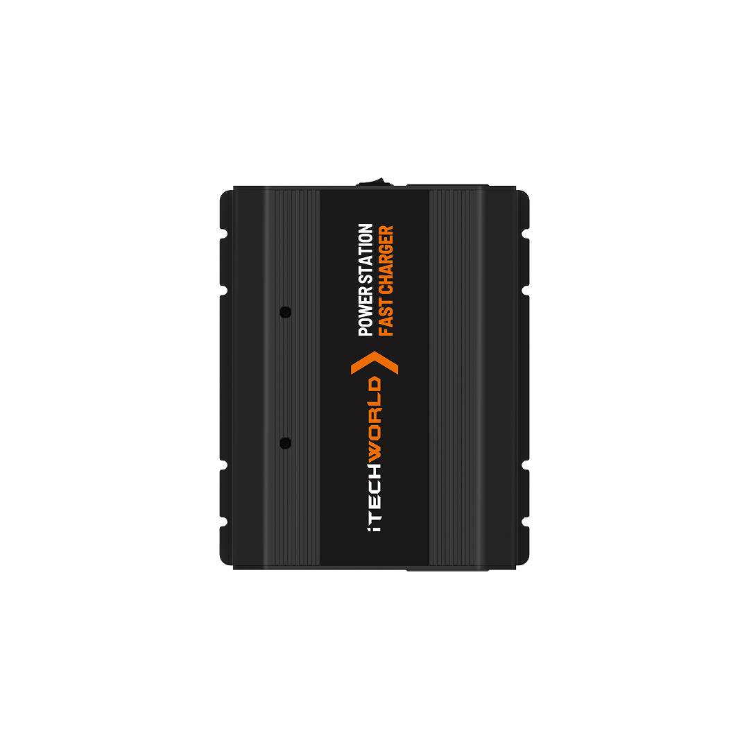 A black rectangular iTechworld Power Station Fast Charger 48V 500W, with orange and white text on a ridged surface and flat ends, is displayed against a plain white background.